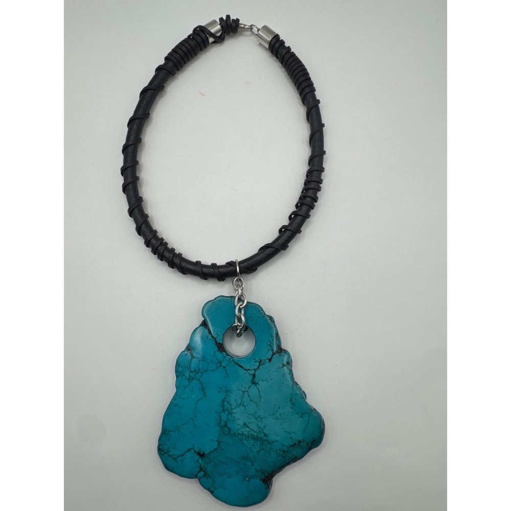 Turquoise Slab Statement Necklace Black Wrapped Leather Cord Artisan Boho Teal